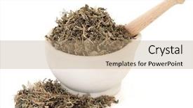  Presentation with gentian - Cool new presentation theme with gentian leaf herb in a stone mortar with pestle over white background qin jiao gentiana backdrop and a coral colored foreground