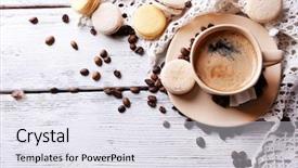  Presentation with gentle - Presentation design consisting of gentle colorful macaroons and coffee in mug on color wooden background background and a sky blue colored foreground