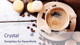  Presentation with gentle - Presentation design featuring gentle colorful macaroons and coffee in mug on color wooden background background and a sky blue colored foreground