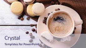  Presentation with gentle - Slide deck having gentle colorful macaroons and coffee in mug on color wooden background background and a sky blue colored foreground