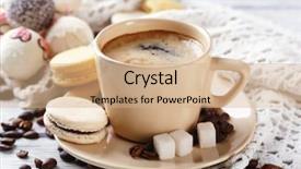  Presentation with gentle - Colorful presentation enhanced with gentle colorful macaroons and coffee in mug on wooden table background backdrop and a coral colored foreground