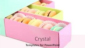  Presentation with gentle - Audience pleasing PPT theme consisting of gentle-colorful-macaroons-in-box backdrop and a lemonade colored foreground