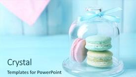  Presentation with gentle - Slides having gentle colorful macaroons in glass bell jar on color wooden table background background and a cool aqua colored foreground