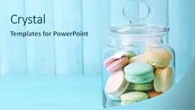  Presentation with gentle - Slides having gentle colorful macaroons in glass jar on color wooden table background background and a cool aqua colored foreground