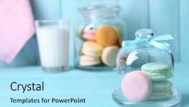 Presentation with gentle - Cool new slides with gentle colorful macaroons in glass jell jar milk glass and towel on color wooden table background backdrop and a arctic colored foreground