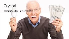  Presentation with alternative energy idea light bulb - Presentation theme with gentleman holding an energy saving background and a sky blue colored foreground