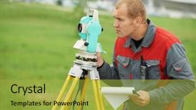  Presentation with construction equipment - Colorful theme enhanced with geodesic - one surveyor worker working backdrop and a yellow colored foreground