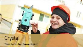  Presentation with theodolite surveying - Presentation design featuring geodesic - surveying industry smiling positive surveyor background and a yellow colored foreground