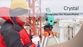  Presentation with construction equipment - Presentation design having geodesic - surveyor working with theodolite transit background and a sky blue colored foreground