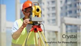  Presentation with builder - Audience pleasing PPT theme consisting of geodesy - builder worker with theodolite transit backdrop and a yellow colored foreground