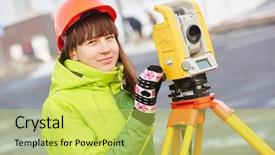  Presentation with transit road - Beautiful PPT theme featuring geodesy - female surveyor worker working backdrop and a yellow colored foreground