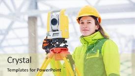  Presentation with surveyor - Cool new presentation design with geodesy - female surveyor worker working backdrop and a yellow colored foreground