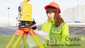  Presentation with transit road - Audience pleasing presentation design consisting of geodesy - female surveyor worker working backdrop and a yellow colored foreground