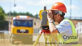  Presentation with theodolite - Presentation theme consisting of geodesy - portrait of builder worker background and a yellow colored foreground