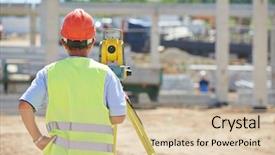  Presentation with construction work - Cool new PPT theme with geodesy - portrait of builder worker backdrop and a lemonade colored foreground