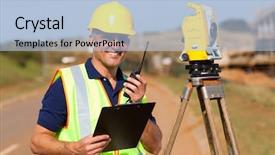  Presentation with road construction - Presentation design featuring geodesy - senior land surveyor working background and a light blue colored foreground