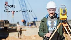  Presentation with theodolite surveying - Audience pleasing presentation consisting of geodesy - surveyor builder worker with theodolite backdrop and a light blue colored foreground