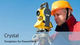  Presentation with surveyor - Beautiful presentation theme featuring geodesy - surveyor worker making measurement backdrop and a light blue colored foreground