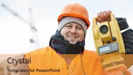  Presentation with transit road - Amazing slide deck having geodesy - surveyor worker portrait with theodolite backdrop and a gold colored foreground