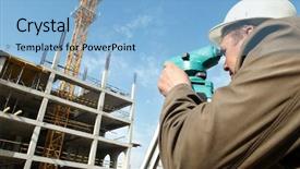  Presentation with construction equipment - Colorful PPT theme enhanced with geodesy - worker surveyor measuring distances elevations backdrop and a light blue colored foreground