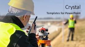  Presentation with speaking - Presentation theme with geodetic engineering - land surveyors measuring with tacheometer background and a light blue colored foreground