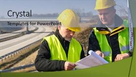  Presentation with highway engineering - Slides consisting of geodetic engineering - land surveyors on highway reading background and a light blue colored foreground