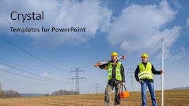  Presentation with construction equipment - Amazing slides having geodetic engineering - portrait of two geodesist holding backdrop and a light blue colored foreground