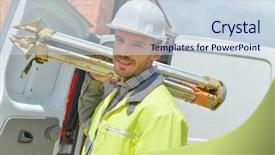  Presentation with shoulder - Cool new slide set with geodetic engineering - surveyor holding tripod over his backdrop and a sky blue colored foreground