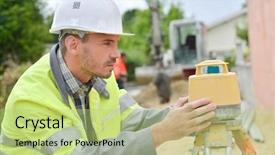  Presentation with surveyor - Colorful presentation enhanced with geodetic engineering - surveyor taking some measurements backdrop and a mint green colored foreground