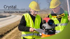  Presentation with highway engineering - Beautiful slide set featuring geodetic engineering - two male geodesist with tacheometer backdrop and a light blue colored foreground