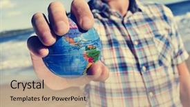  Presentation with world flags and globe - Presentation theme consisting of geography - closeup of a young caucasian background and a coral colored foreground