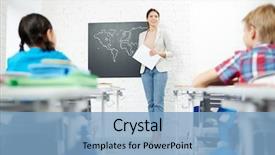 Presentation with geography - Audience pleasing presentation consisting of geography - happy young teacher by blackboard backdrop and a light blue colored foreground