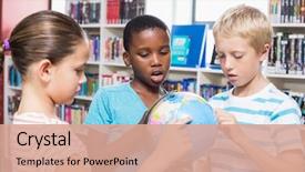  Presentation with geography - Slide deck having geography - kids studying globe in library background and a coral colored foreground