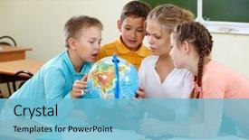  Presentation with teacher - PPT theme having geography - portrait of cute schoolchildren background and a light blue colored foreground