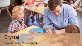  Presentation with shapes - PPT theme with geography - teacher and pupils using wooden background and a coral colored foreground