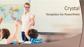  Presentation with school kids - Presentation design having geography - teacher teaching kids in classroom background and a sky blue colored foreground