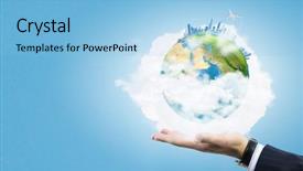  Presentation with earth pollution - Colorful slides enhanced with geography pollution - close up of hand holding backdrop and a  colored foreground