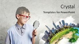  Presentation with nasa - PPT theme having geography pollution - cute school boy examining objects background and a light gray colored foreground