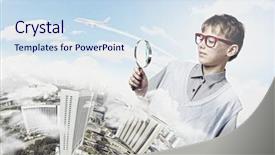  Presentation with school and community - Audience pleasing PPT layouts consisting of geography pollution - cute school boy examining objects backdrop and a sky blue colored foreground