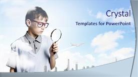  Presentation with magnifying glass - Cool new theme with geography pollution - cute school boy examining objects backdrop and a sky blue colored foreground