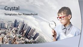  Presentation with magnifying glass - Cool new slides with geography pollution - cute school boy examining objects backdrop and a light gray colored foreground