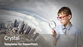  Presentation with magnifying glass - PPT theme featuring geography pollution - cute school boy examining objects background and a gray colored foreground
