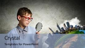  Presentation with school fine arts - Presentation theme featuring geography pollution - cute school boy examining objects background and a light blue colored foreground