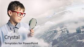  Presentation with magnifying glass - Beautiful presentation theme featuring geography pollution - cute school boy examining objects backdrop and a  colored foreground
