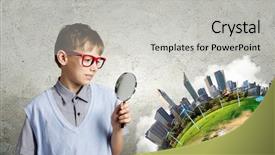  Presentation with school data privacy - PPT theme with geography pollution - cute school boy examining objects background and a light gray colored foreground