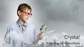  Presentation with magnifying glass - Beautiful PPT layouts featuring geography pollution - cute school boy examining objects backdrop and a  colored foreground
