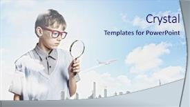  Presentation with geography - Amazing presentation theme having geography pollution - cute school boy examining objects backdrop and a sky blue colored foreground