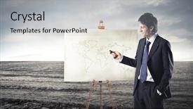  Presentation with geography - Theme featuring geography project - businessman presenting a world map background and a light gray colored foreground