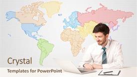  Presentation with geography - PPT theme featuring geography project - businessman sitting at white table background and a sky blue colored foreground