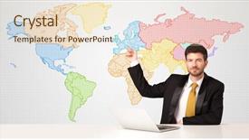 Presentation with geography - Cool new presentation design with geography project - businessman sitting at white table backdrop and a  colored foreground